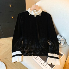 批发实拍法式复古丝绒<b class='q'>衬衫</b>女<b class='q'>长袖</b>珍珠木耳边立领气质通勤上衣撞色小衫