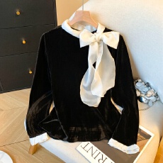 批发实拍赫本风金丝绒蝴蝶结飘带<b class='q'>衬衫</b>女士2026春秋内搭打底叠穿上衣