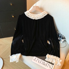 批发实拍法式宫廷风拼接花边丝绒衬衫女秋冬新款<b class='q'>轻熟</b>优雅风百搭上衣潮