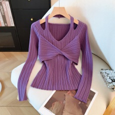 批发实拍2026春装新款假两件V领挂脖扭结<b class='q'>针织衫</b>女露肩<b class='q'>打底衫</b>上衣