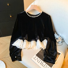 批发实拍法式重工钉珠圆领丝绒衬衫2026女春季独特打底衫撞色<b class='q'>裙</b>摆上衣