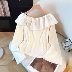 批发实拍法式高级感设计感长袖T恤女装秋<b class='q'>冬</b>一字肩花朵短款荷叶边上衣