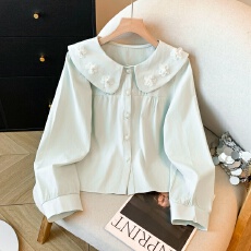 批发实拍甜美立体花朵娃娃领衬衫女2026春<b class='q'>秋</b>新款别致宽松长袖上衣