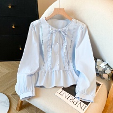 批发实拍韩系甜美风木耳边长袖衬衫女春<b class='q'>秋</b>蕾丝花边洋气减龄打底衫上衣