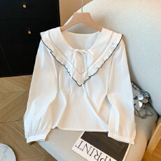 批发实拍荷叶边拼接V领长袖衬衫2026春季韩版宽松显瘦套头衬衣