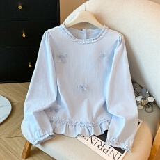 批发实拍韩系<b class='q'>甜美</b>木耳边蝴蝶结长袖衬衫女春装减龄通勤宽松设计感上衣