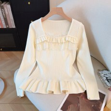 批发甜美千金风粉色内搭<b class='q'>针织衫</b>女秋冬新款蕾丝花边拼接修身长袖<b class='q'>打底衫</b>