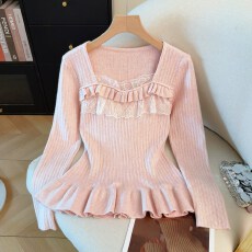 批发甜美千金风粉色内搭<b class='q'>针织衫</b>女秋冬新款蕾丝花边拼接修身长袖<b class='q'>打底衫</b>
