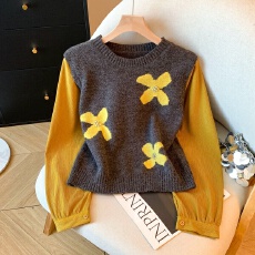 批发实拍提花假两件针织衫女宽松2026春装新款韩版减龄拼接毛衣上衣潮