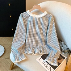 批发实拍韩系木耳边喇叭袖<b class='q'>格子</b><b class='q'>衬衫</b>女2026早春新款娃娃衫蓬蓬上衣