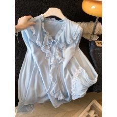 实拍2026蕾丝荷叶边系带V领衬衫春季新款法式宫廷风宽松长袖上衣