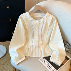 批发设计感小众圆领长袖衬衫纯色上衣秋<b class='q'>冬</b>韩系收腰显瘦衬衣别致打底衫