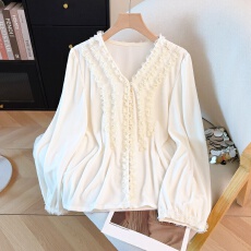 批发实拍木耳边V领丝绒长袖<b class='q'>衬衫</b>女春秋新款显瘦独特漂亮打底上衣