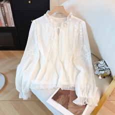 批发实拍蕾丝刺绣雪纺衬衫<b class='q'>女</b>春秋2026新款宽松小众别致罩衫长袖上衣