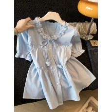 批发实拍法式木耳边v领短袖衬衫女<b class='q'>夏</b>季设计感小众独特绝美漂亮小上衣