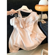 批发法式荷叶边斜领<b class='q'>长袖</b><b class='q'>衬衫</b>女夏季宽松设计感小众高级感气质露肩上衣