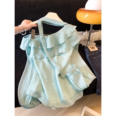 批发法式荷叶边斜领<b class='q'>长袖</b><b class='q'>衬衫</b>女夏季宽松设计感小众高级感气质露肩上衣