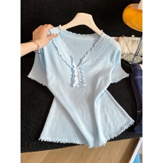 批发实拍温柔风V领木耳花边长袖T恤<b class='q'>上衣</b>女收腰显瘦气质内搭<b class='q'>打底</b>衫