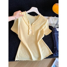 批发实拍温柔风V领木耳花边长袖T恤<b class='q'>上衣</b>女收腰显瘦气质内搭<b class='q'>打底</b>衫