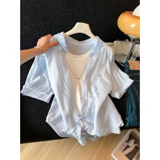 批发2026欧韩时尚衬衫吊带女短袖宽松显瘦百搭甜美清新两件套上衣<b class='q'>潮</b>