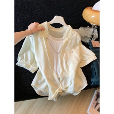 批发2026欧韩时尚衬衫吊带女短袖宽松显瘦百搭甜美清新两件套上衣<b class='q'>潮</b>