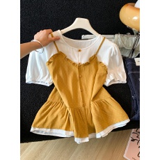 批发甜美风假两件<b class='q'>波点</b>吊带短袖<b class='q'>衬衫</b>女夏季2026新款设计感显瘦气质上衣