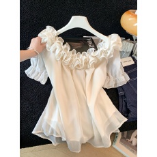 批发韩系温柔风立体花朵<b class='q'>雪纺衫女</b>春夏宽松遮肚花苞衬衣高级感短袖上衣