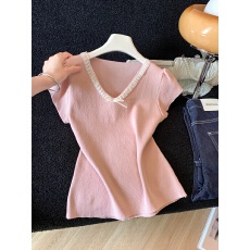 批发纯欲风蕾丝v领蝴蝶结短袖t恤女2026新款夏季修身显瘦短款气质上衣