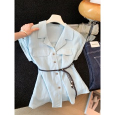 批发实拍法式高级感翻领短袖衬衫女夏飞飞袖小衫修身收腰衬衣上衣