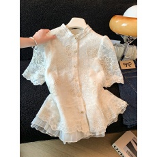 批发法式宫廷风木耳边刺绣蕾丝衬衫女夏季高级感叠穿内搭显瘦气质上衣
