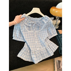批发娃娃领系带<b class='q'>格子</b>短袖<b class='q'>衬衫</b>女2026夏季新款设计感小众显瘦气质上衣