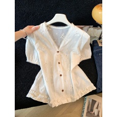 批发实拍v领蕾丝刺绣短袖衬衫女夏季<b class='q'>甜美</b>减龄巨好看的泡泡袖上衣