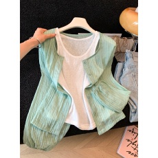 批发韩系微透<b class='q'>针织</b>防晒衫女夏季独特薄款外搭小开衫上衣+背心吊带套装