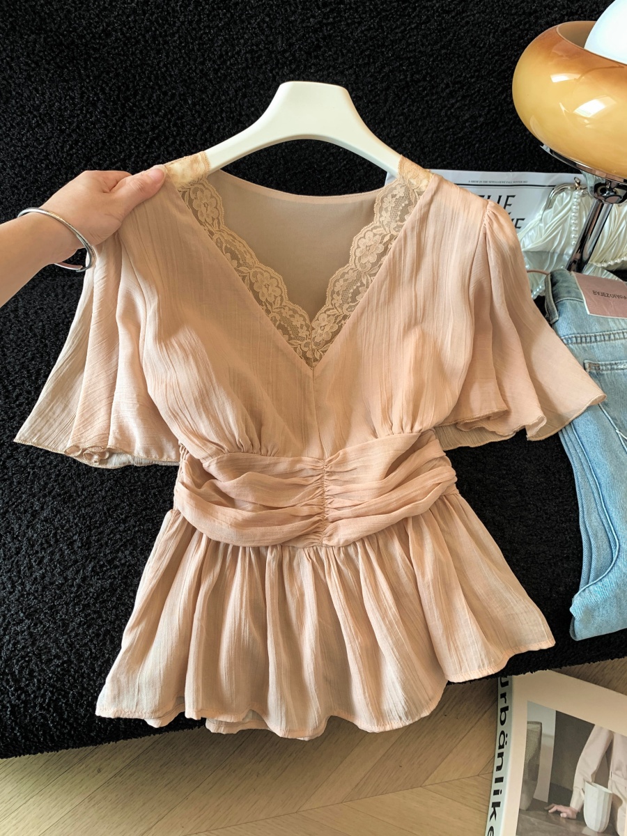 순수한 욕망 바람 연결 핀치 Pleat 몸매 가꾸기 레이스 V넥 허리 수축 프릴 밑단 쉬폰 톱 여성 2026 여름 맨위