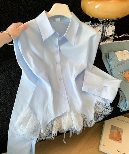 프랑스식 고유 한 Chic 레이스 조각 셔츠 맨위 여자 가을 새로운 디자인 센스 작은 대중 POLO 칼라 셔츠