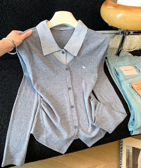 한 부서 배색 POLO 칼라 페이크 레이어드 니트 오픈 가디건 여성 가을 착용 가져 가라. 학원 스타일 몸매 가꾸기 다용도 셔츠 재킷