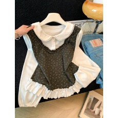 批发小香风撞色拼接碎花假两件衬衫<b class='q'>女</b>秋季设计感娃娃领宽松长袖<b class='q'>上衣</b>