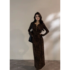 批发【大婷婷】秋冬新款时尚<b class='q'>豹纹</b>复古显瘦修身轻奢<b class='q'>连衣裙</b>长袖裙子