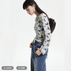 批发T恤女2026<b class='q'>春</b>季新款潮流抽绳蝴蝶印花薄纱上衣时尚洋气