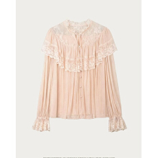 批发pinziko月色海棠~设计感蕾丝高珠纱<b class='q'>长袖</b><b class='q'>衬衣</b>荷叶袖花边<b class='q'>衬衫</b>