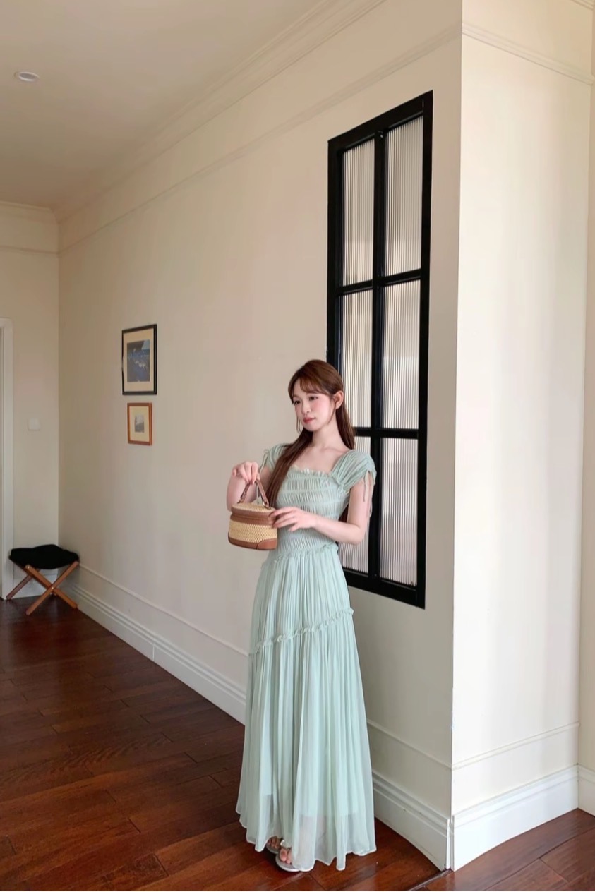 밤나무 웨스트 시칭 빈 부드러운 밀가루 여름 프랑스식 휴가 바람 플리츠 광장 칼라 펌프 로프 허리 수축 프릴 드레스