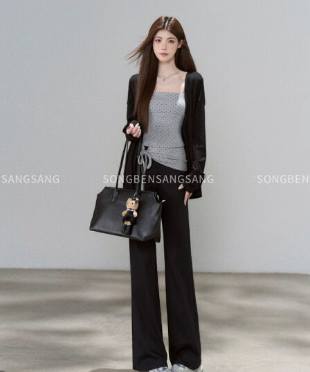 마츠모토 애도 애도 안개 잉크 느슨함 로프 도트 무늬 슬립 매칭 얇고 가벼운 오픈 가디건 슬림해 보이는 검정색 와이드 레그 팬츠 3종 세트