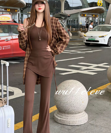 wu11 가을 켜기 새로운 느긋한 바람 스트라이프 후드 셔츠 캐미솔 슬림해 보이는 긴 바지 3종 세트