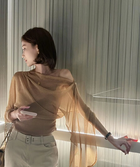 dindin 망사 슬림해 보이는 맨위 프랑스식 흔들다 칼라 숄 소매 품격 긴팔 고급 센스 관대 한 점잖은 여성 의류
