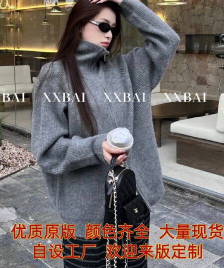 xxbai 편안함 진짜 착용 더블 지퍼 폴로 칼라 스웨터 니트 오픈 가디건 여성 작은 키 루즈핏 스탠드 칼라 맨위 재킷