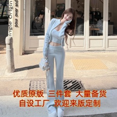 批发2026超火小香风蓝色针织休闲套装女<b class='q'>春</b>秋减龄修身显瘦辣妹三件套裤
