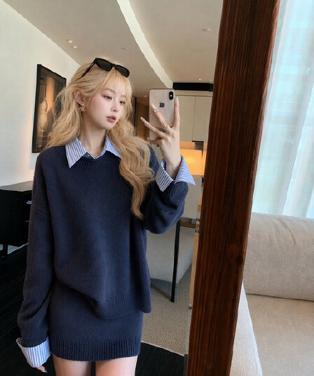 실사 한 부서 회색 폴로 칼라 가짜 2 피스 슈트 머리 스웨터 여자 가을 루즈핏 니트 스웨터 맨위 치마 세트