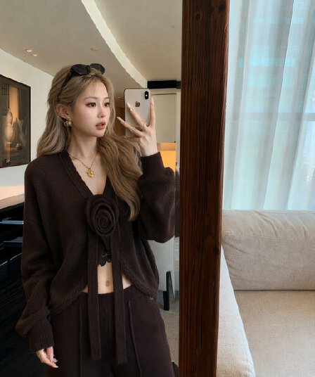 실사 2026 새로운 럭셔리 아름다움 패션 느긋한 바람 스웨터 코트 니트 와이드 레그 팬츠 투피스 슈트