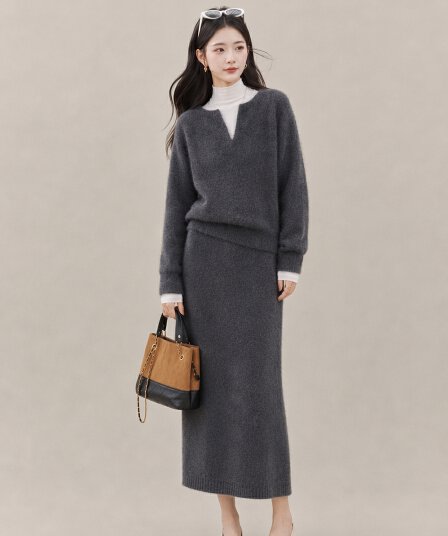 실사 2026 새로운 느긋한 바람 세트 여성 라운드 넥 루즈핏 빅 사이즈 스웨터 두 조각 치마 패션 니트 원피스
