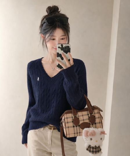 실사 아메리칸 레트로 빨간색 신년 V넥 스웨터 여자 봄 가을 겨울 루즈핏 슬림해 보이는 캐주얼 맨위 니트 스웨터